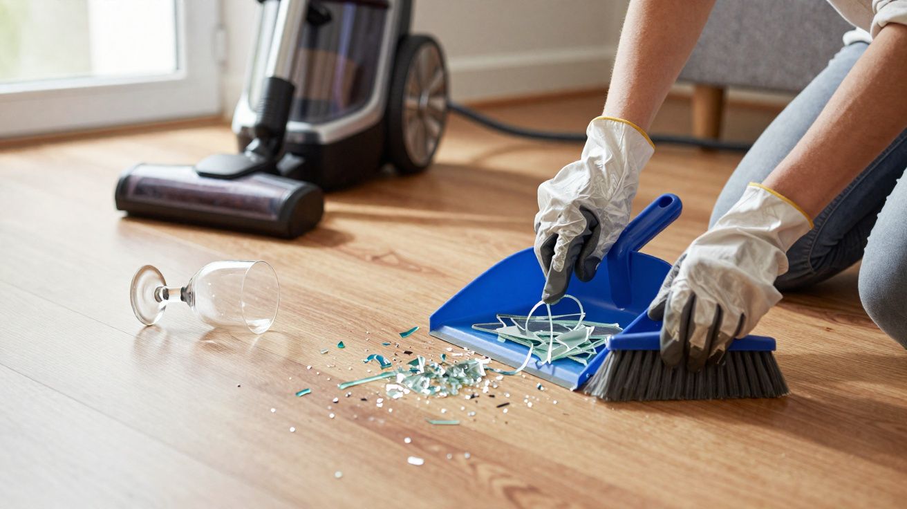 Pessoa com luvas a varrer vidro partido no chão de madeira com escova e pá de lixo.