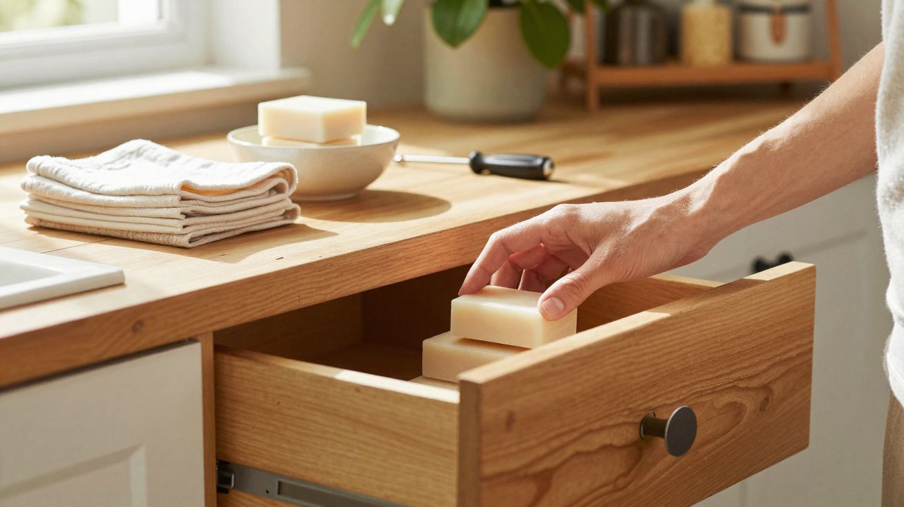 Mão a guardar sabonetes sólidos dentro de uma gaveta de madeira numa casa de banho iluminada.