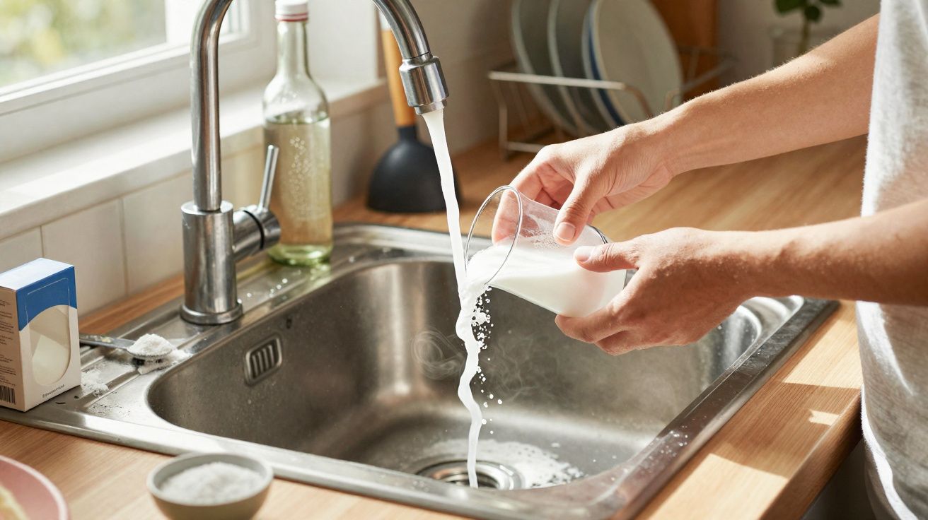 Pessoa deita leite de copo para lava-lo numa pia de cozinha junto a uma torneira aberta com água corrente.