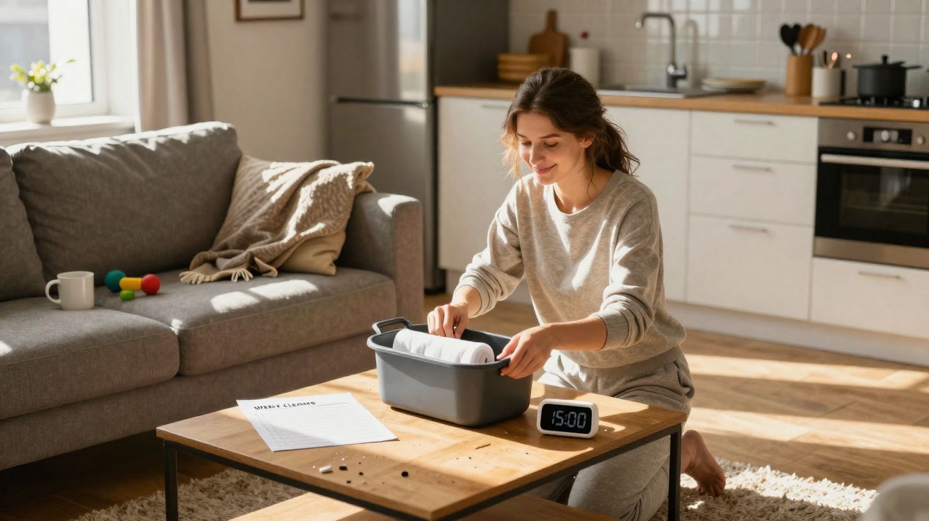 Mulher organizando itens numa caixa no centro de uma sala com sofá e cozinha ao fundo.