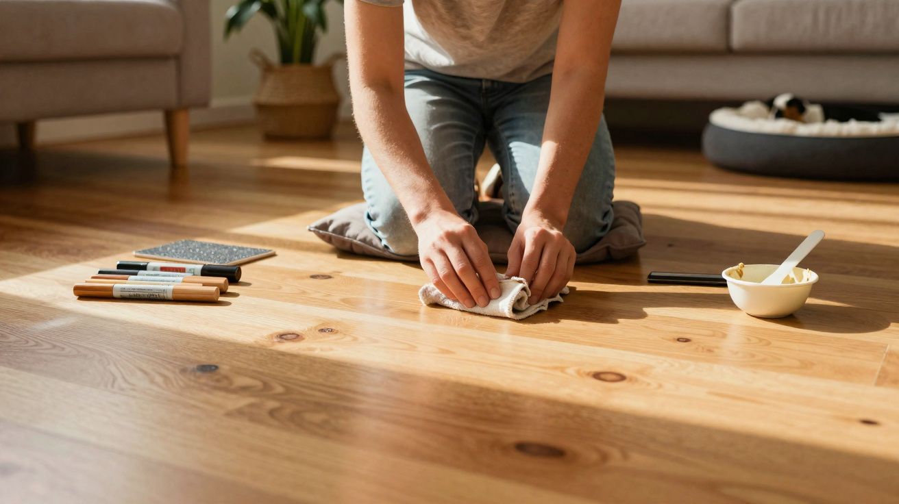Pessoa ajoelhada a limpar chão de madeira com pano, com marcadores e tigela ao lado.