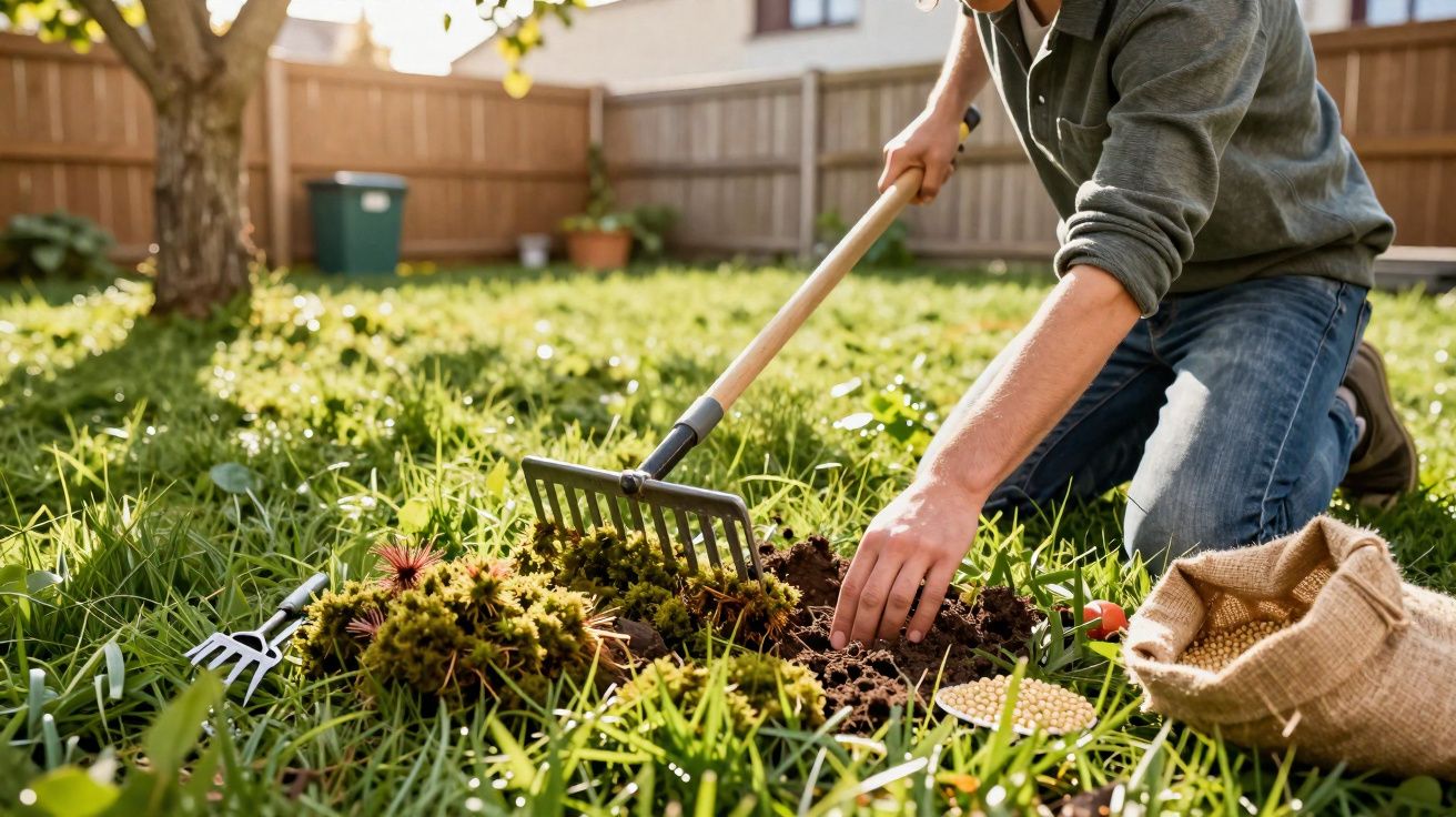 Pessoa a cultivar terra no jardim com ancinho de mão e saco de sementes ao lado num dia ensolarado.