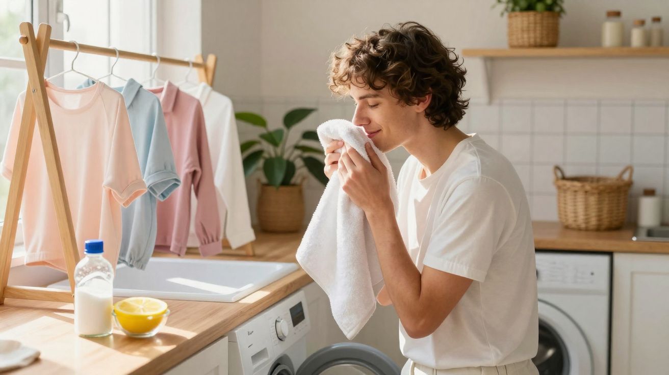 Homem cheira uma toalha branca fresca na lavandaria com roupa seca pendurada e lavadora ao fundo.