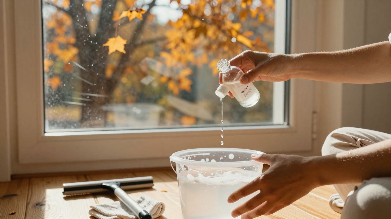 Pessoa a adicionar líquido a um balde com água para limpeza junto a uma janela com vista de árvores outonais.