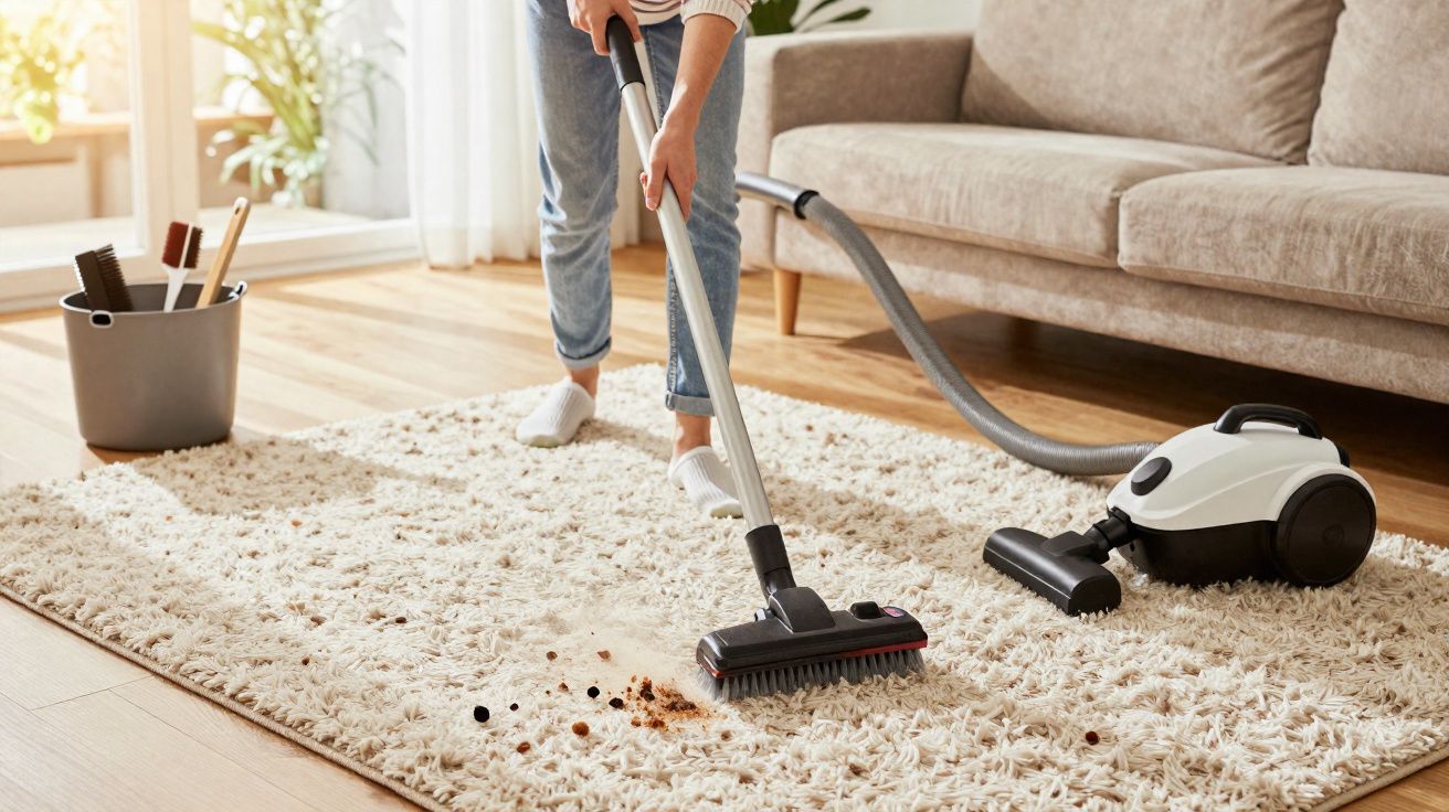 Pessoa a aspirar tapete claro em sala de estar com aspirador e sofá castanho ao fundo.