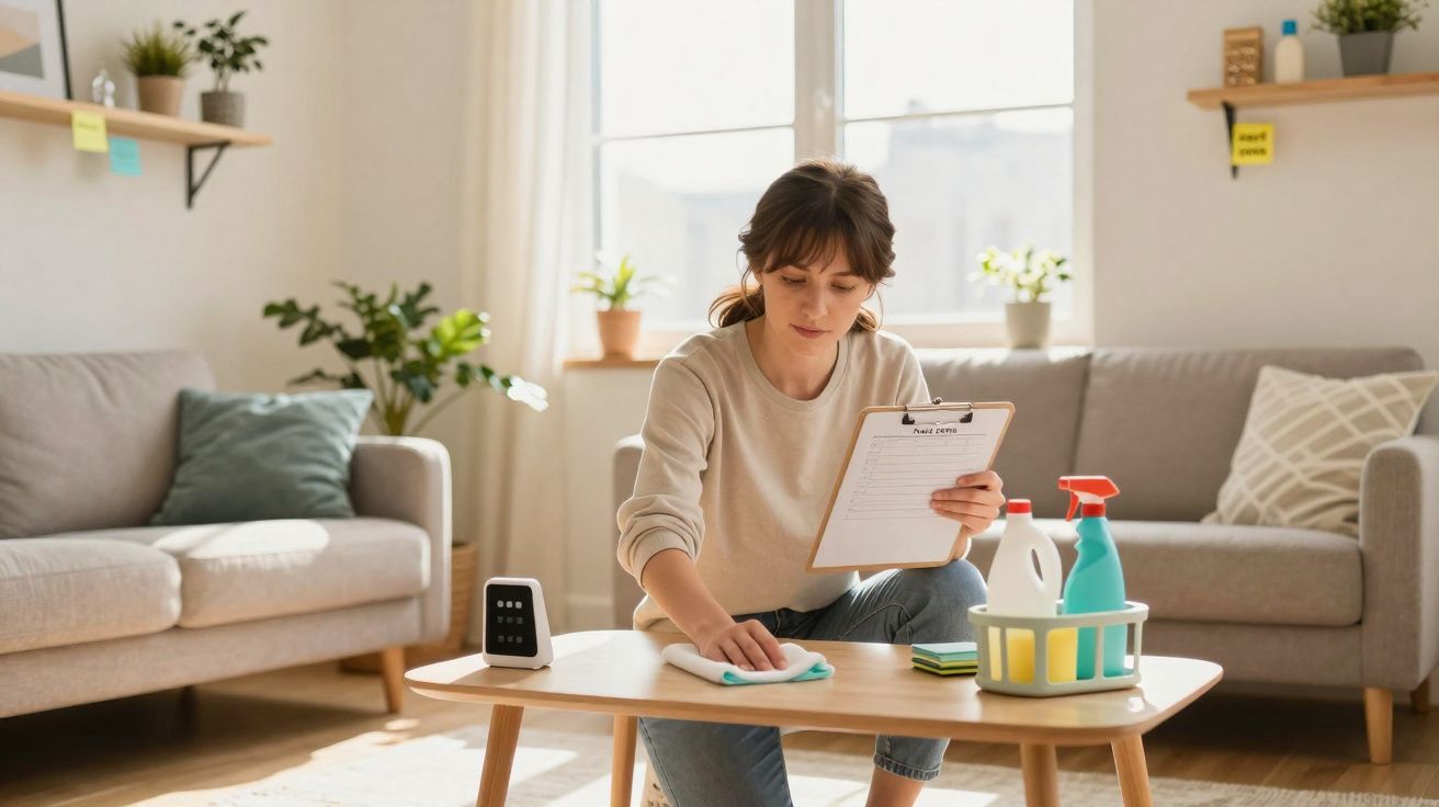 Mulher limpa mesa de centro com pano, segurando lista de tarefas numa sala luminosa.