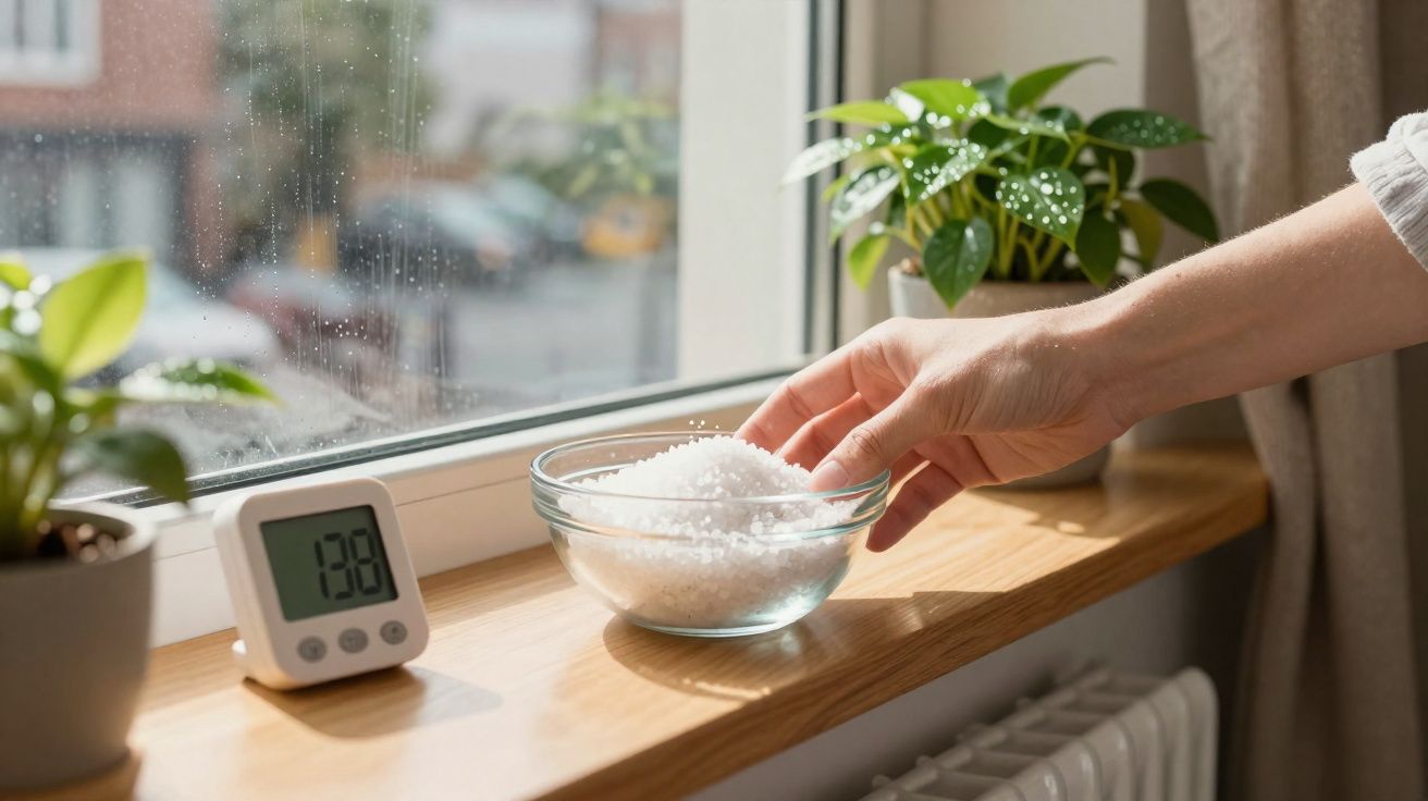 Mão a colocar sal num recipiente junto a um termómetro que indica 138 numa janela com plantas.