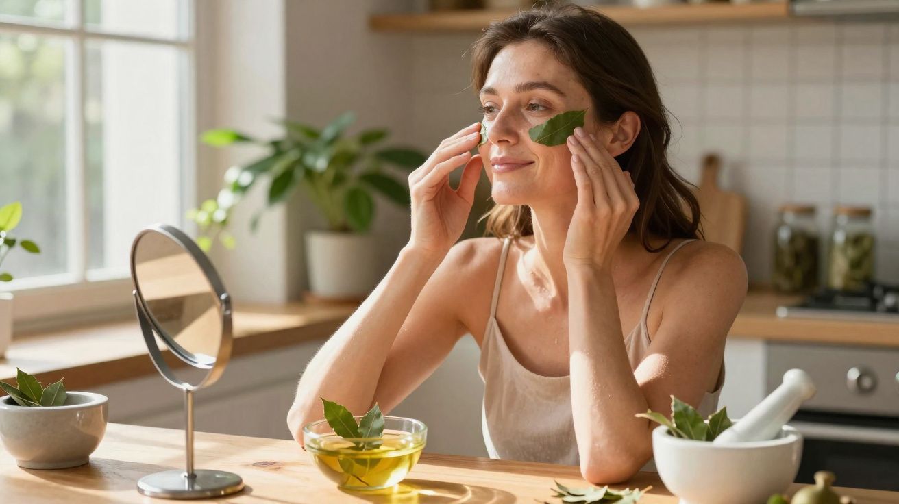 Mulher aplica folhas verdes no rosto sentada à mesa de cozinha com produtos naturais e espelho.