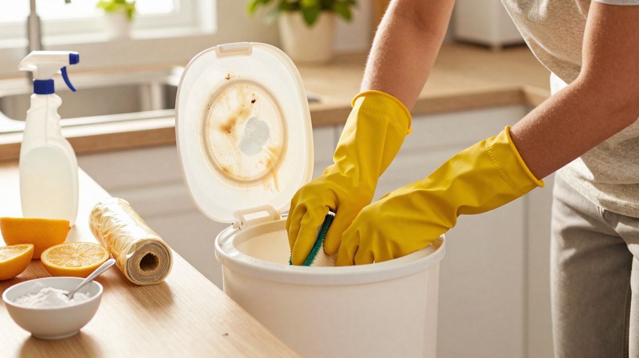 Pessoa a limpar um balde branco sujo com luvas amarelas e esponja, ao lado de produtos de limpeza.