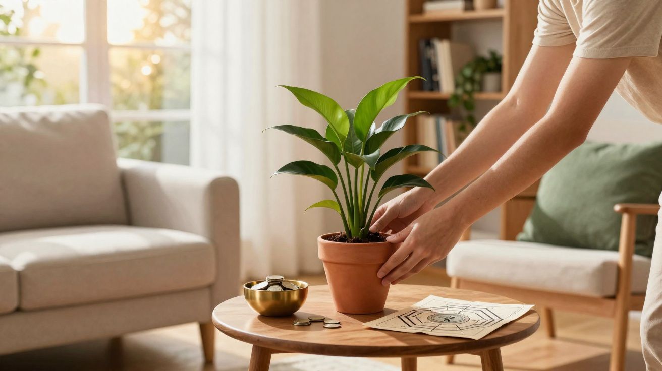 Pessoa a colocar planta em vaso numa sala com sofá, mesa de madeira e decoração acolhedora.