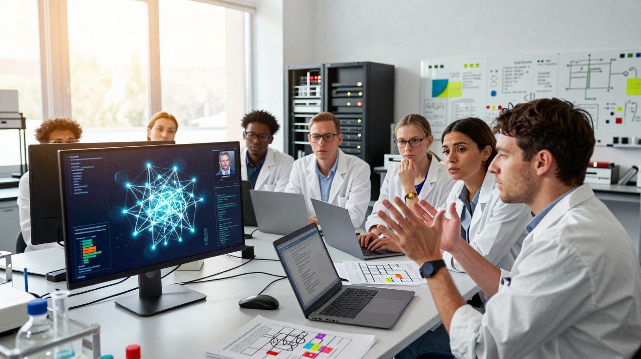Equipe de cientistas em laboratório discutindo dados digitais exibidos em ecrã num ambiente moderno.