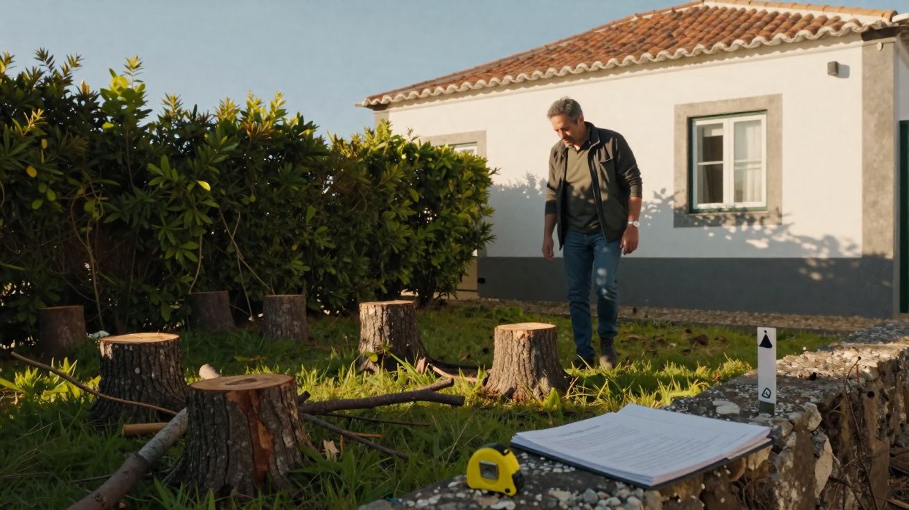 Homem a inspecionar troncos cortados numa área relvada junto a uma casa branca com telhado de telha vermelha.