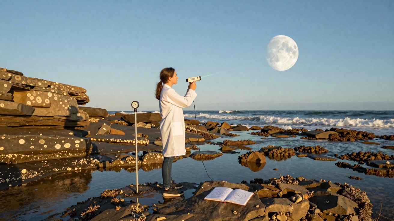 Menina de bata branca na praia usa telescópio, olhando para a lua cheia sobre o mar e rochas.