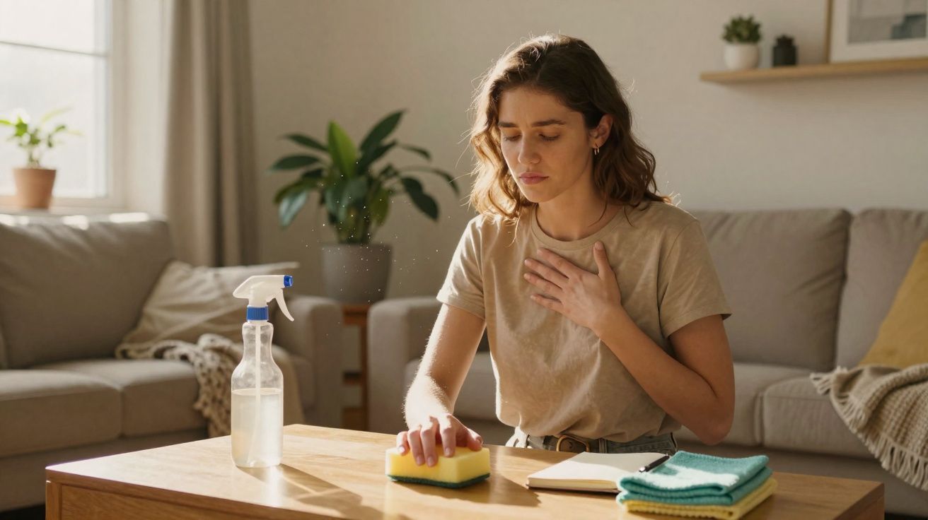 Mulher com expressão desconfortável limpando a mesa de madeira na sala de estar.