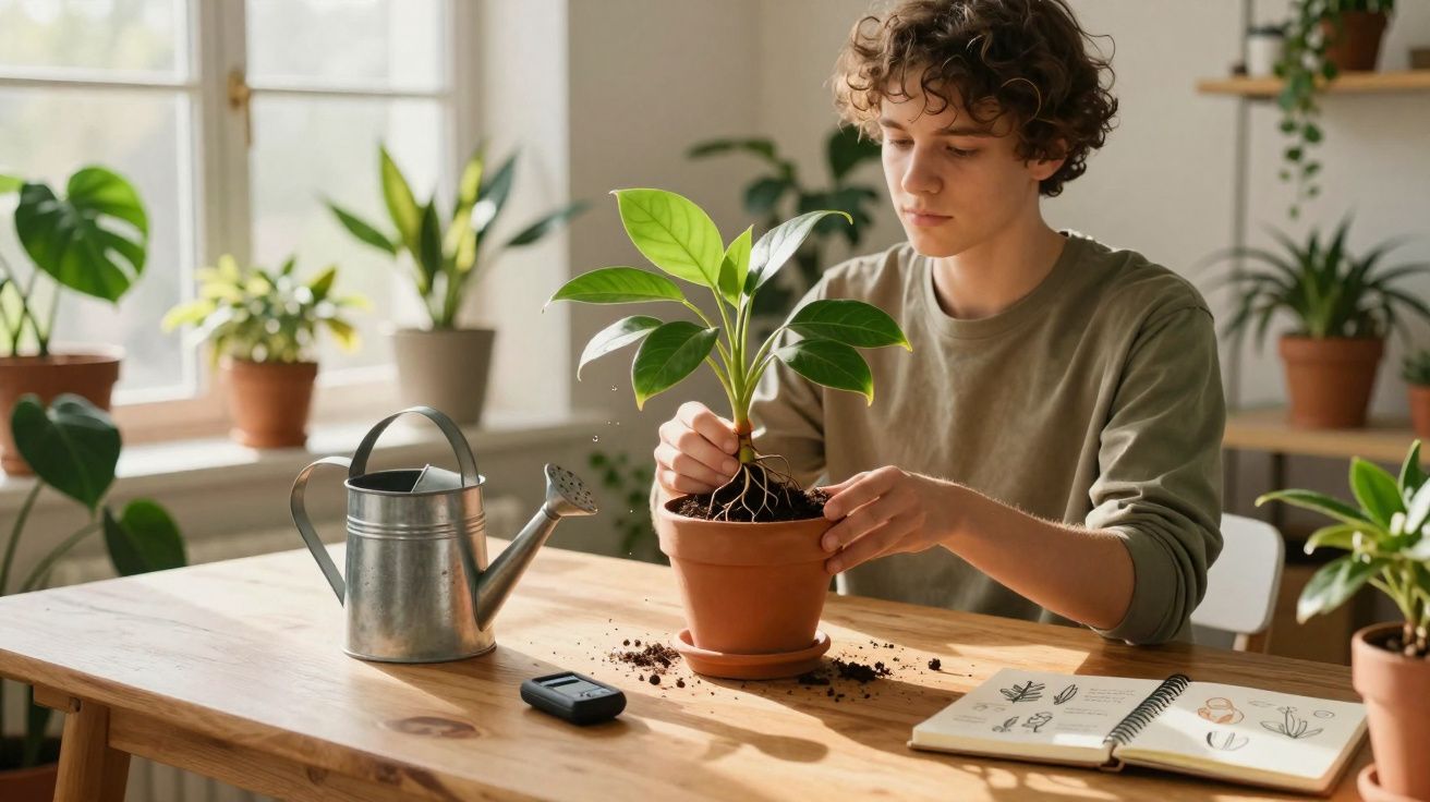Jovem a transplantar planta num vaso de barro, ao lado de regador e caderno de anotações com desenhos de plantas.