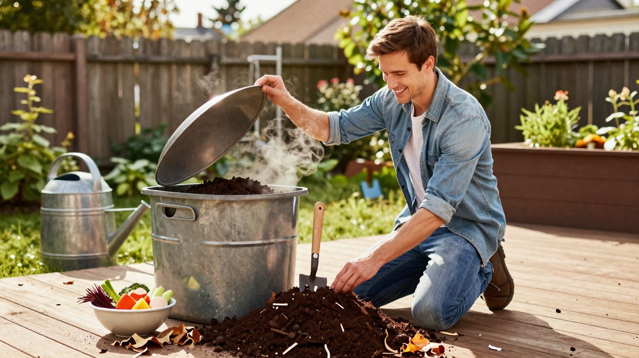 Homem sorridente a misturar composto orgânico num contentor metálico no jardim, em dia soalheiro.