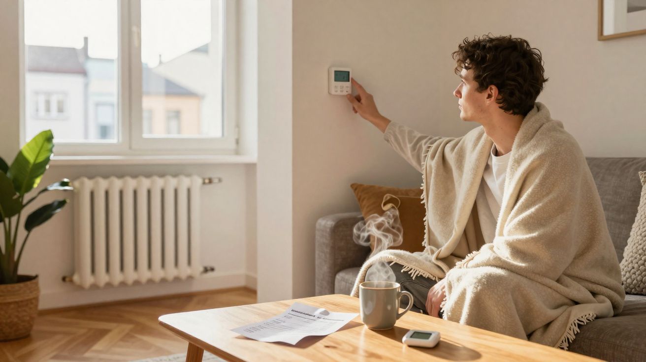 Homem embrulhado em manta ajusta termostato numa sala com luz natural e chá quente na mesa.