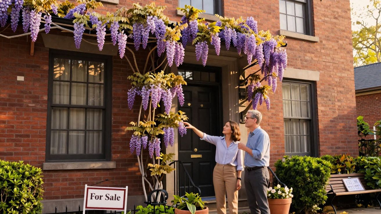 Casal observa flores pendentes roxas numa videira junto à porta de entrada de uma casa à venda com fachadas de tijolos.