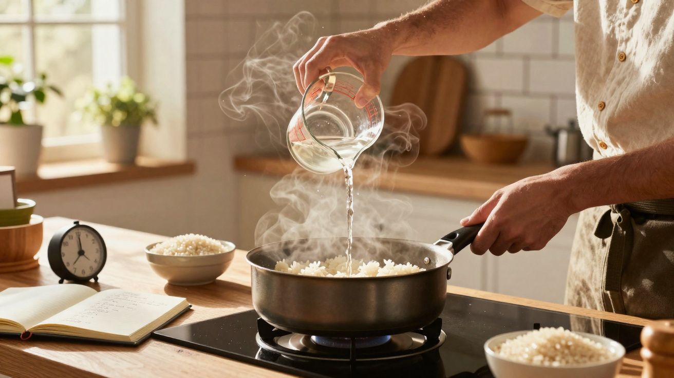 Pessoa a verter água quente numa panela com arroz a cozinhar numa cozinha luminosa e organizada.