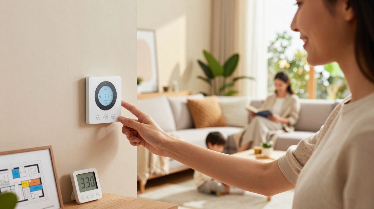 Mulher ajusta termóstato digital na sala de estar enquanto criança brinca no chão e mulher lê no sofá.