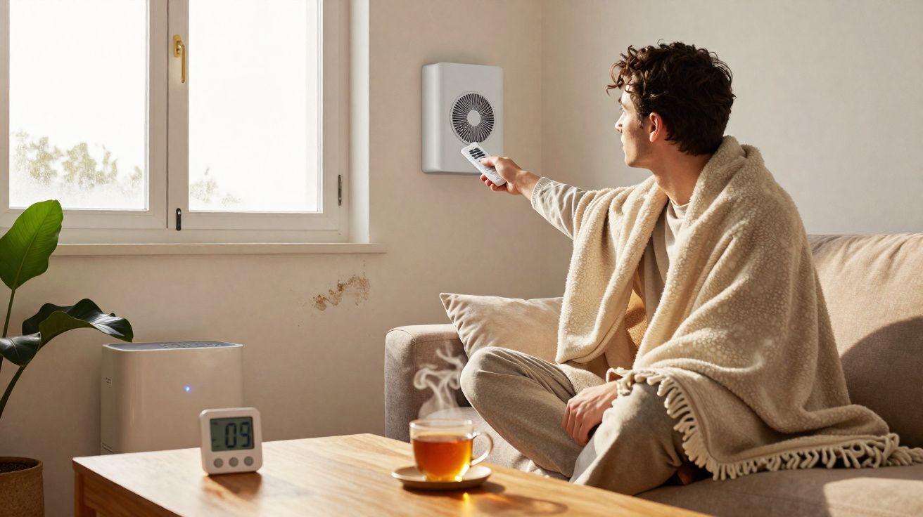 Homem sentado no sofá com manta, usando comando para ligar ventilador de parede numa sala iluminada.