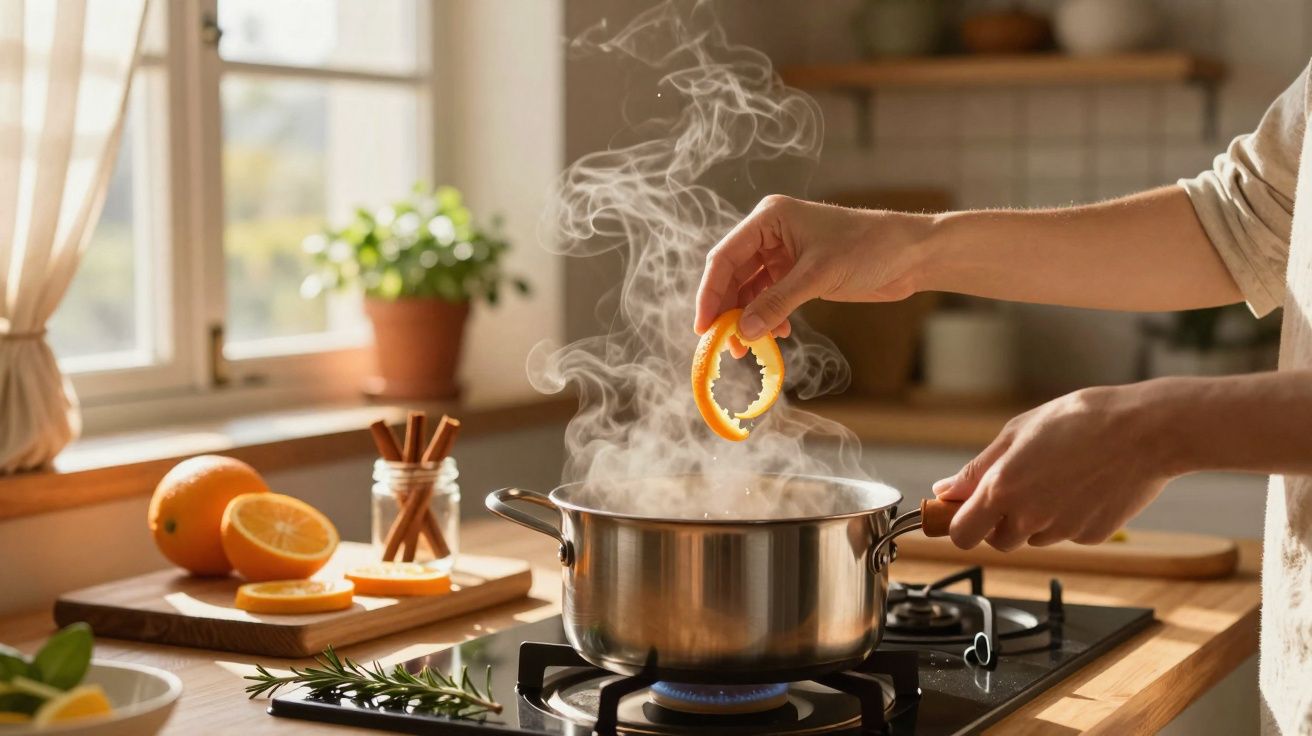 Pessoa a cozinhar com casca de laranja numa panela a vapor numa cozinha iluminada por luz natural.