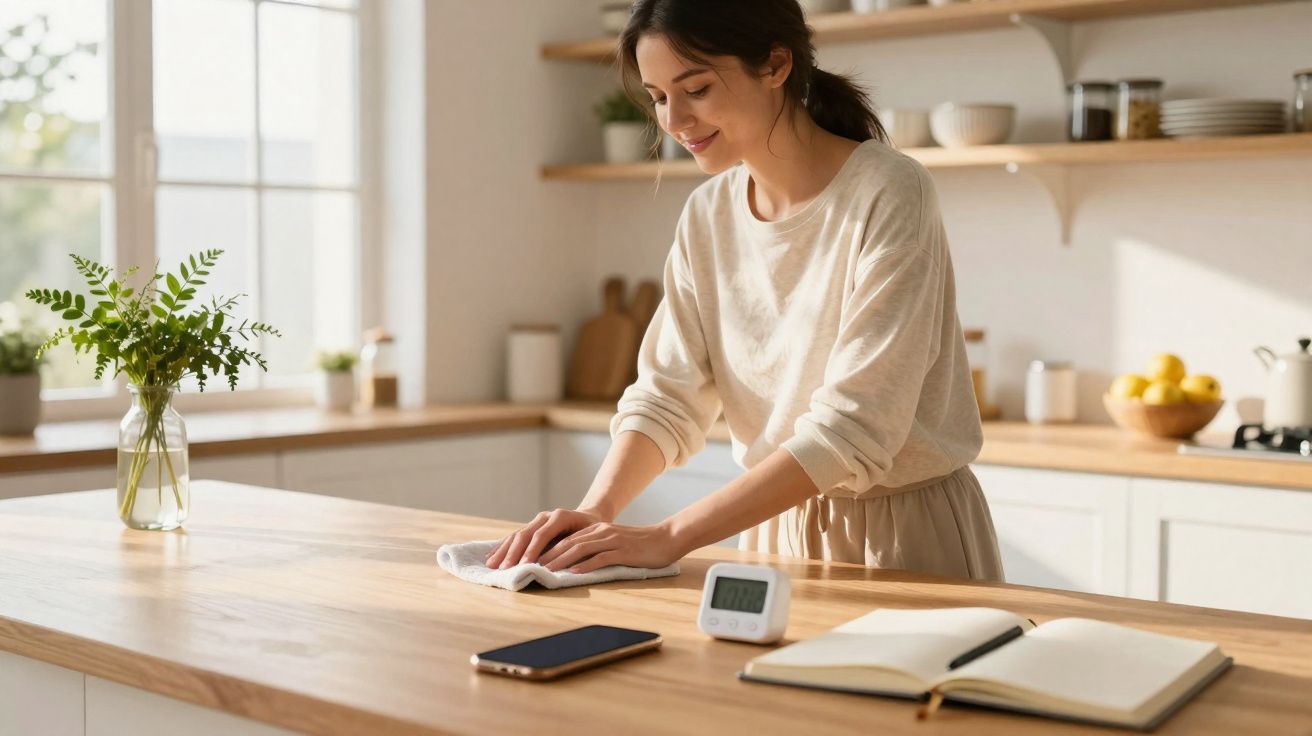 Mulher limpa bancada de cozinha com pano, com telemóvel, caderno aberto e temporizador à frente.