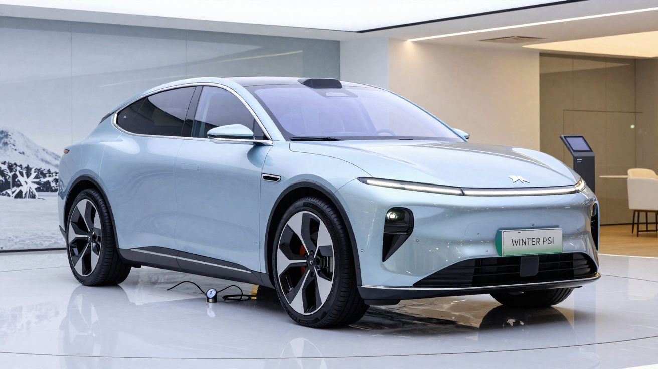 Carro elétrico moderno de cor azul claro, modelo Winter P5, em exposição num espaço interior minimalista.