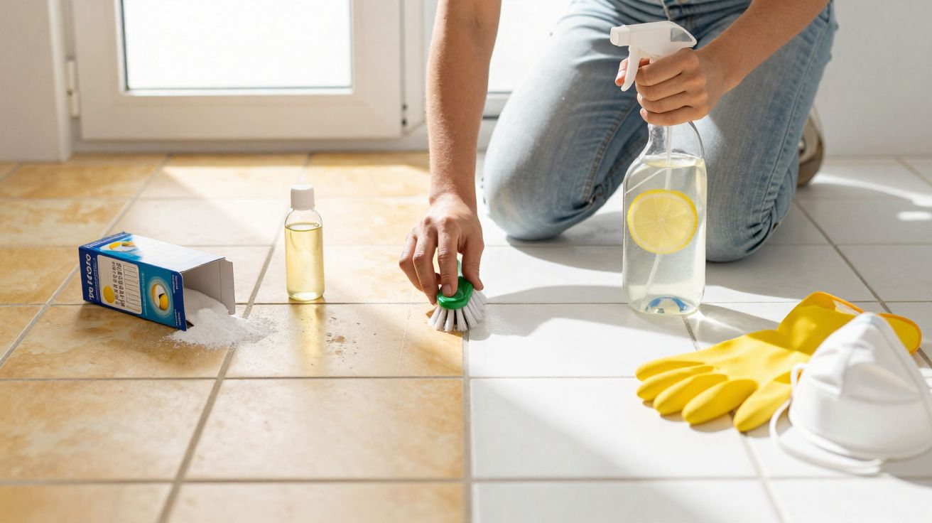 Pessoa a limpar chão de azulejos com escova e garrafa de spray, ao lado de luvas amarelas e máscara branca.