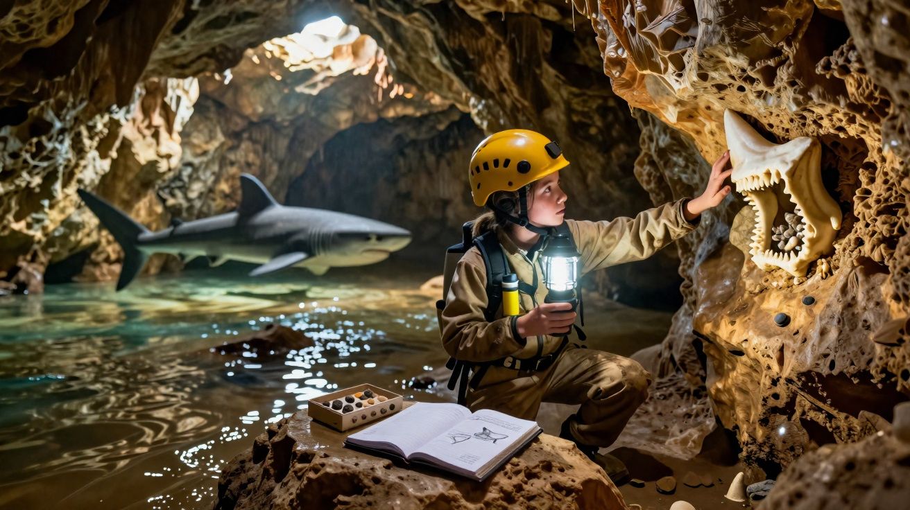Jovem explorador numa gruta com capacete e lanterna examina dentes de tubarão fossilizados na parede.