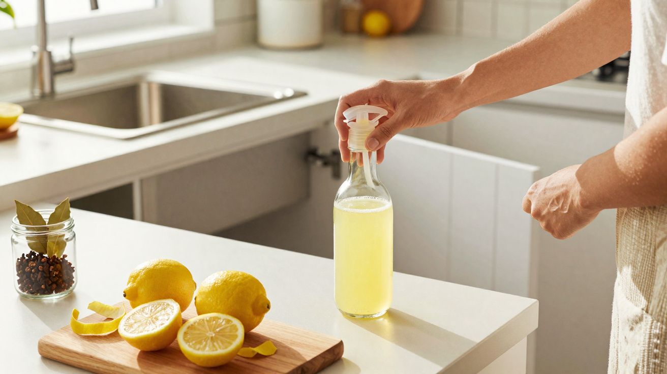 Pessoa a fechar um frasco com líquido amarelo claro numa cozinha com limões e especiarias sobre a bancada.