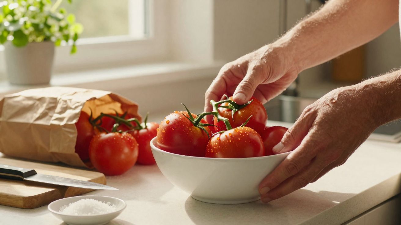 Mãos a colocar tomates frescos num prato branco numa cozinha luminosa, ao lado de um saco de papel castanho.