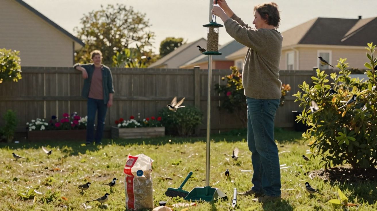 Pessoa a colocar comida em comedouro para pássaros num jardim com vários pássaros a voar.