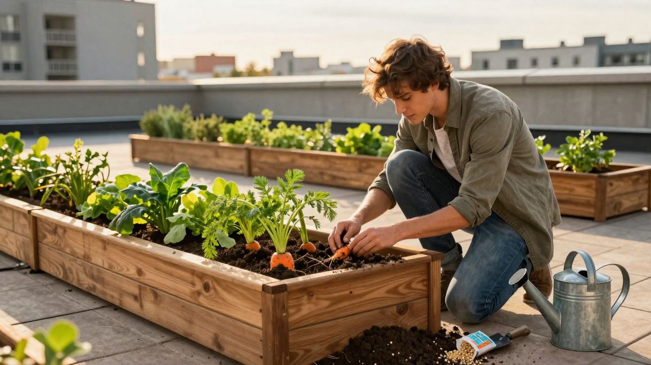 Jovem a colher cenouras num jardim urbano com canteiros de madeira no terraço ao entardecer.