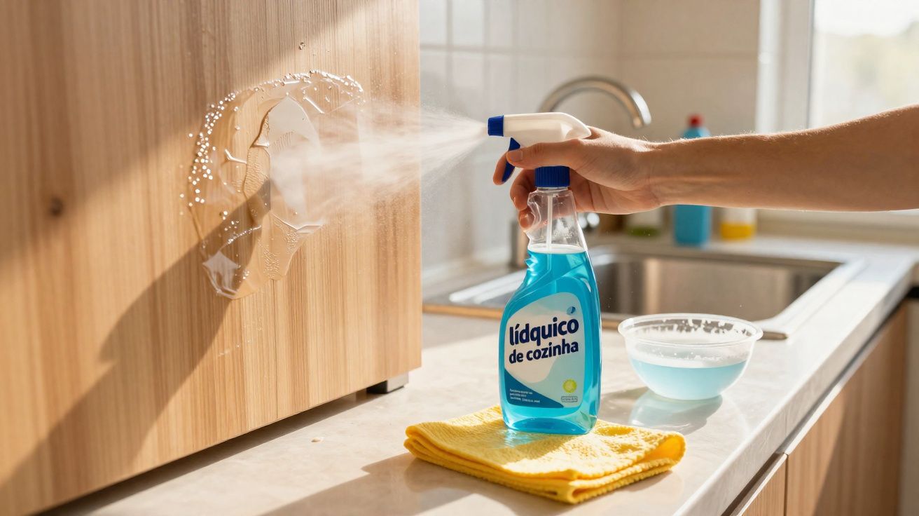 Mão a borrifar líquido de cozinha azul numa superfície de madeira com pano amarelo num balcão de cozinha.
