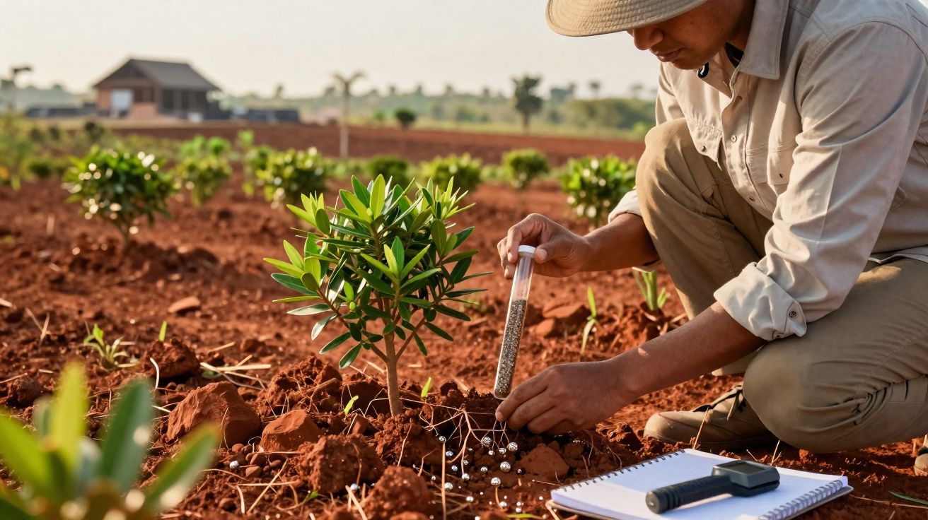 Agricultor a semear sementes à volta de uma jovem planta num campo cultivado, com notas e ferramenta ao lado.