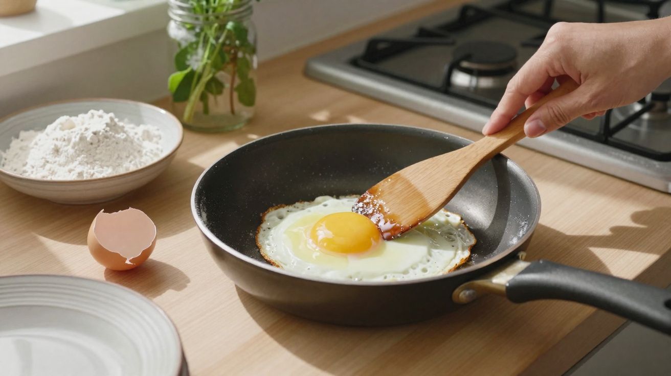 Ovo a fritar numa frigideira com uma mão a mexer com uma espátula de madeira numa cozinha iluminada.