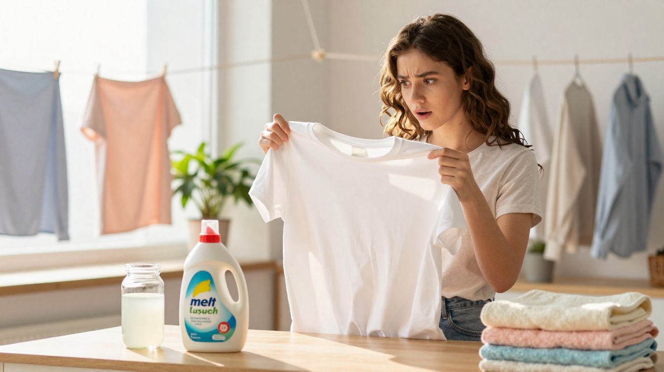 Mulher a examinar uma camiseta branca com detergente e roupas estendidas em fundo iluminado por luz natural.