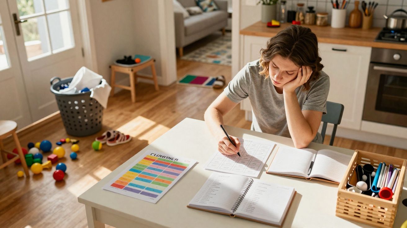 Jovem sentada à mesa em casa, a fazer anotações com livros e materiais escolares à sua frente.