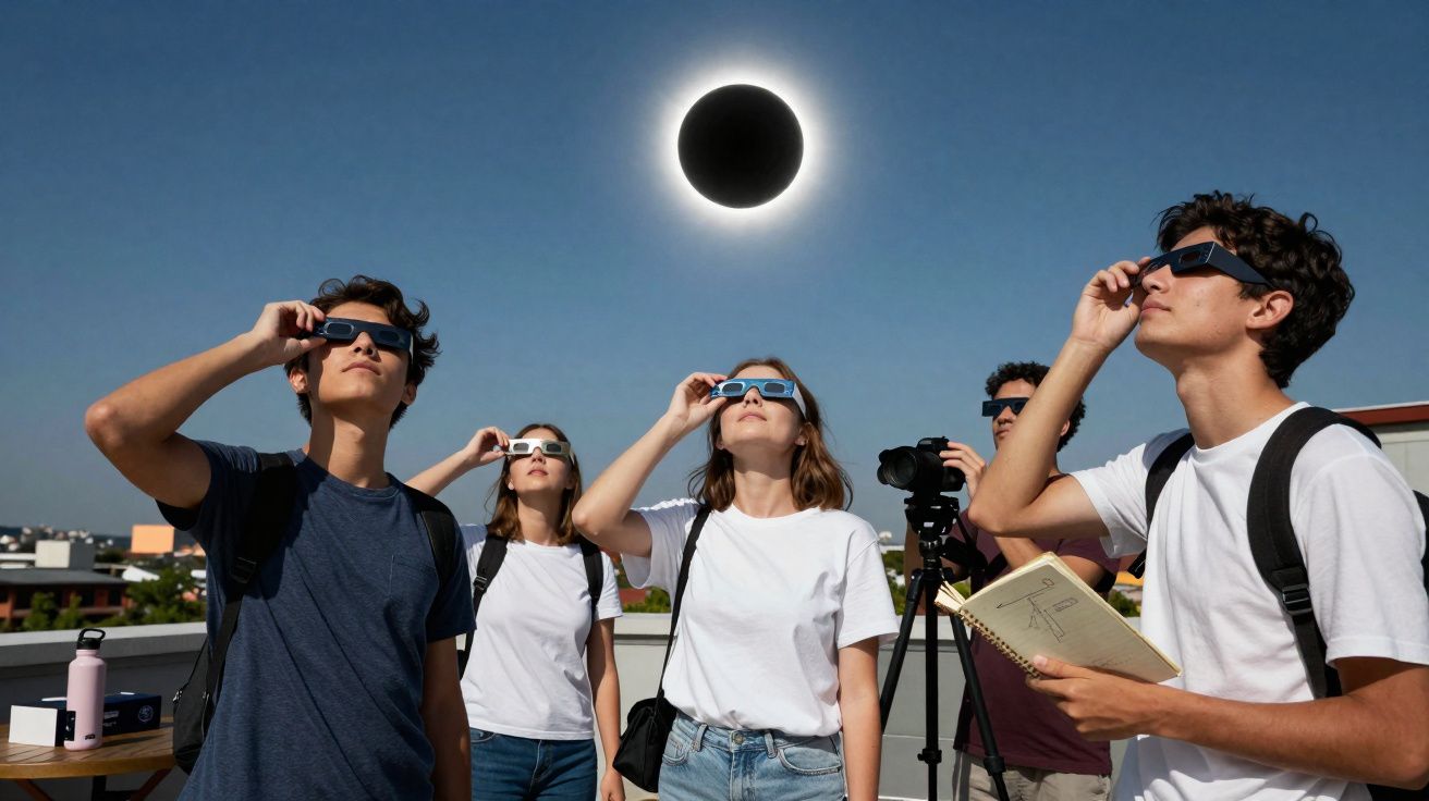 Grupo de jovens a observar eclipse solar usando óculos especiais num terraço com céu limpo.