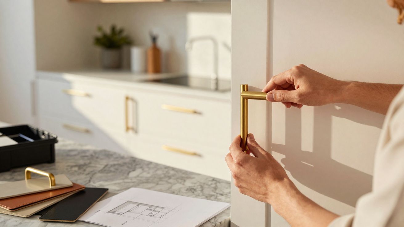 Mãos a instalar puxador dourado em porta de armário branco numa cozinha moderna e luminosa.