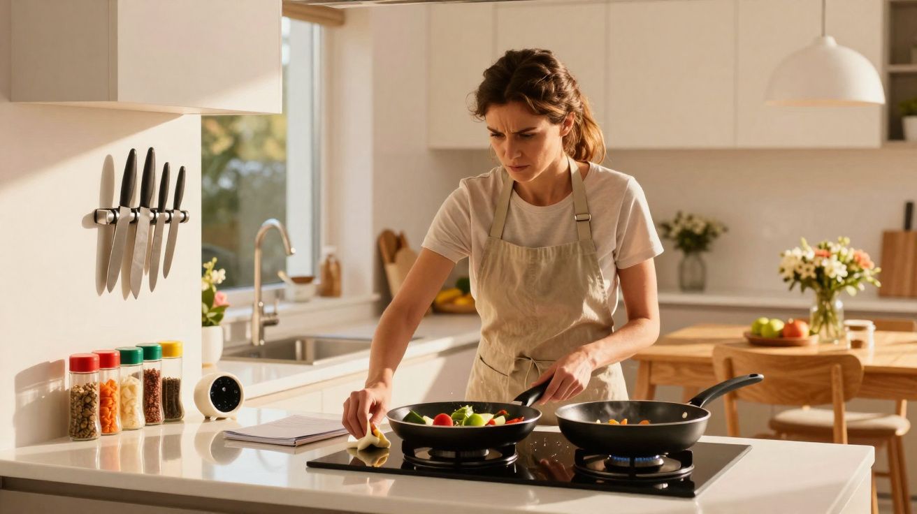Mulher a cozinhar legumes numa cozinha moderna e bem iluminada, concentrada na preparação.