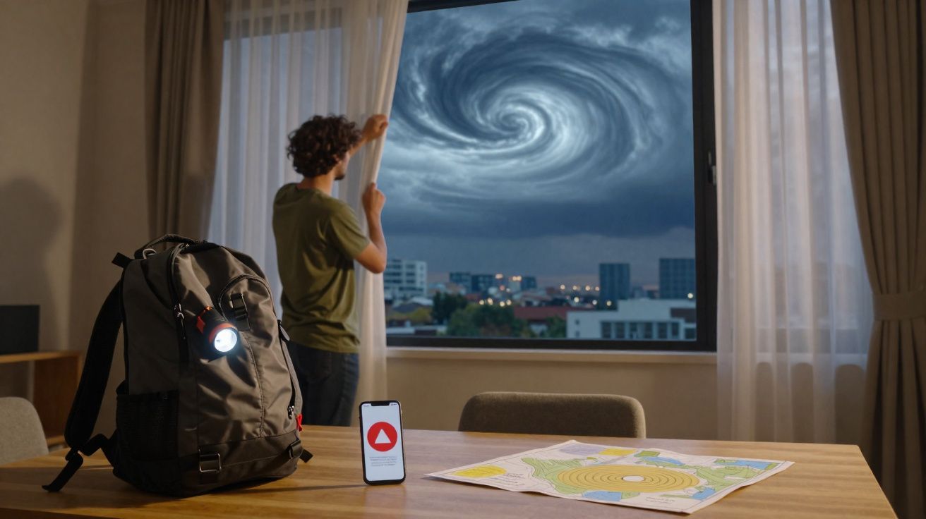 Pessoa observa ciclone pela janela, mochila de emergência e telefone com alerta de desastre na mesa.