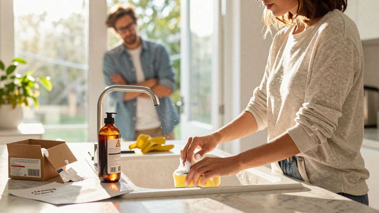 Mulher a lavar loiça na cozinha enquanto homem observa ao fundo junto a janelas grandes.