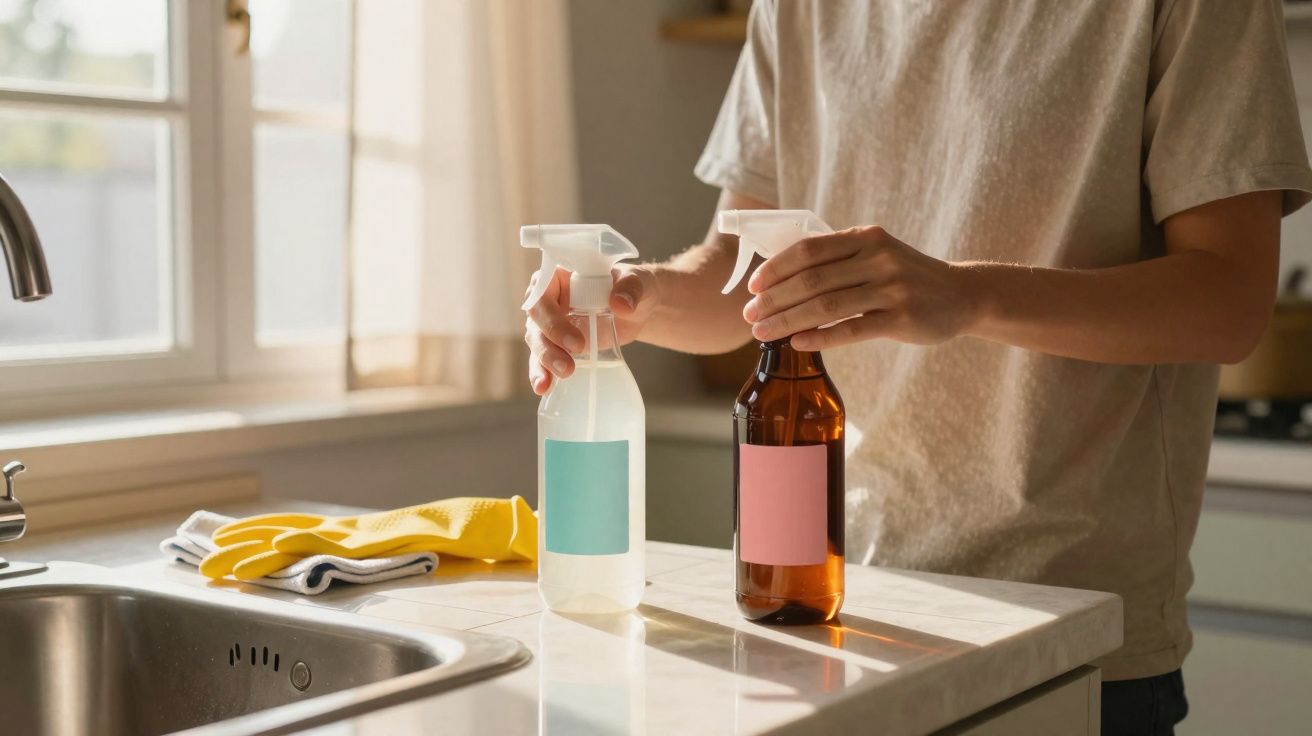 Pessoa na cozinha a segurar frascos de spray para limpeza sobre bancada ao lado de luvas amarelas.