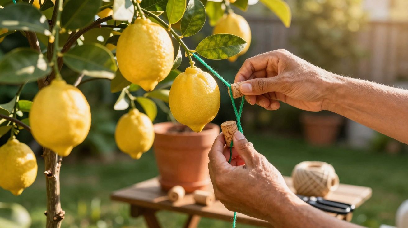 Mãos a amarrar limão maduro numa árvore de limoeiro num jardim ensolarado.