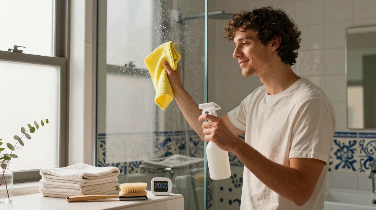 Homem jovem a limpar com pano amarelo e borrifador de casa de banho com azulejos tradicionais azuis.