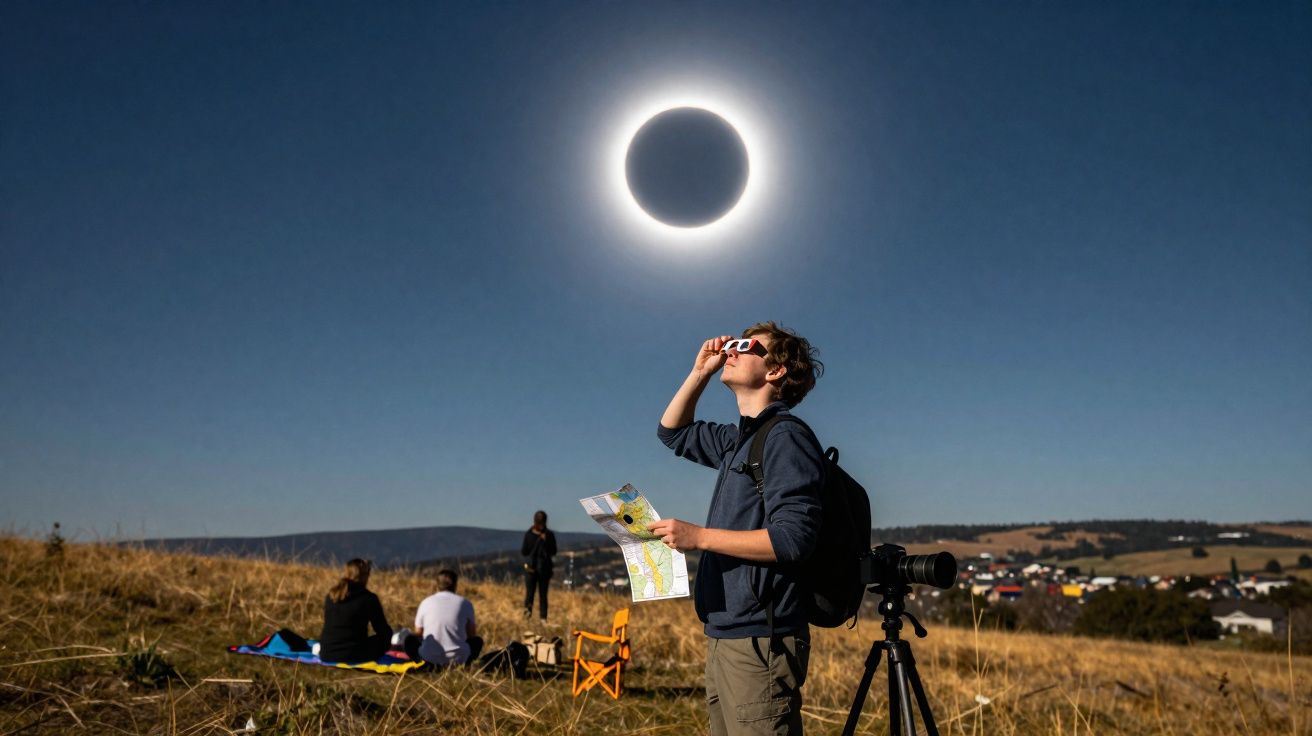 Pessoa com óculos especiais observa eclipse solar total numa colina com outras pessoas e equipamento fotográfico.