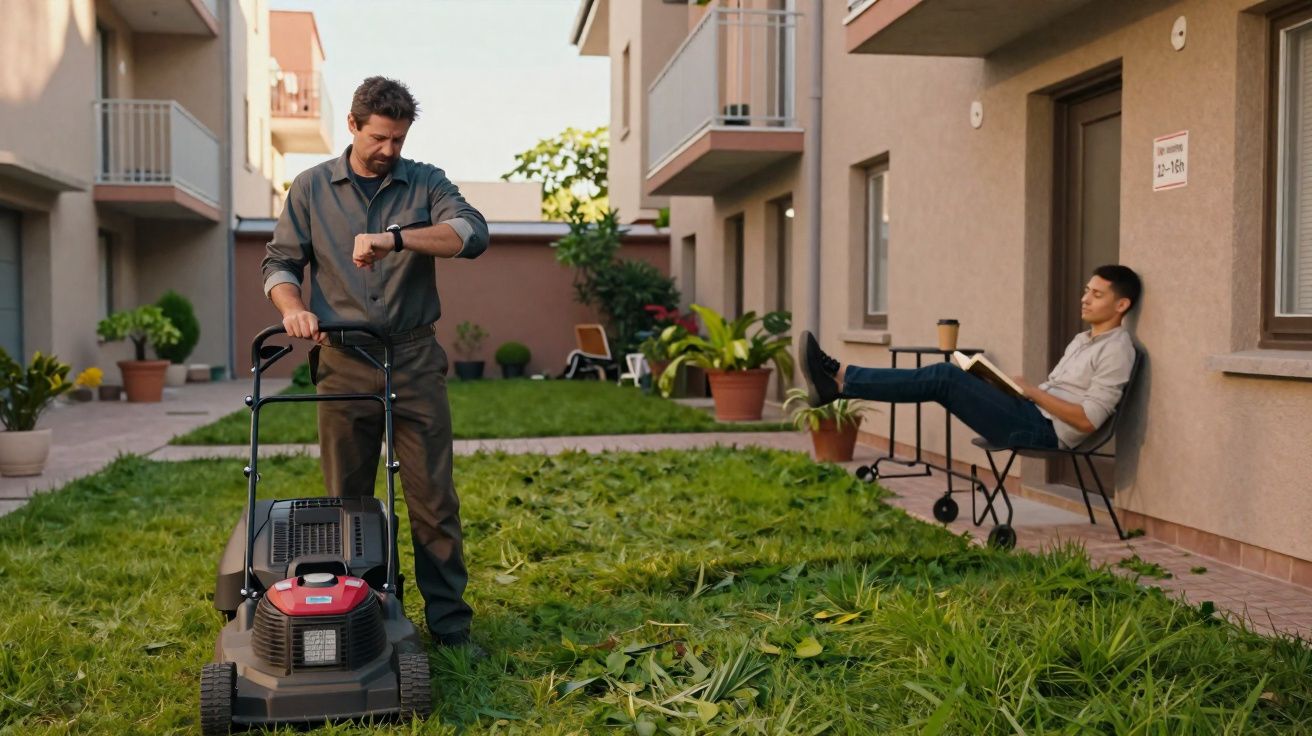 Homem a cortar a relva no jardim enquanto outro lê sentado numa cadeira junto à parede do prédio.