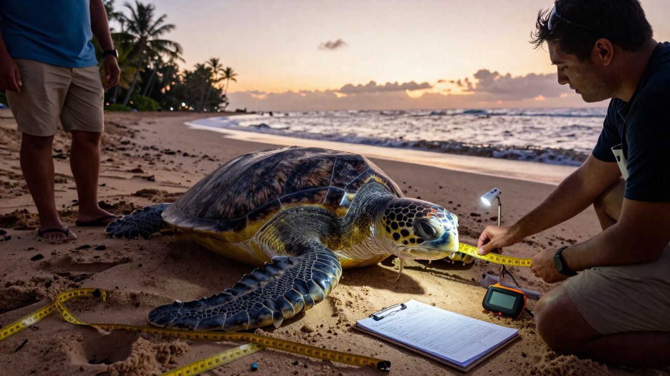 Tartaruga marinha na praia ao pôr do sol, sendo medida por dois homens com fita métrica e equipamento de pesquisa.